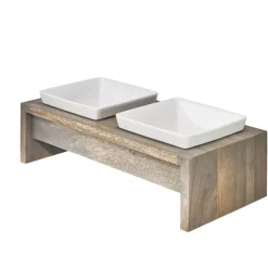 Artisan Double Bowl Dog Feeder With Wood Stand - Fossil