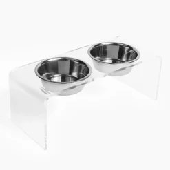 Medium Height Double Dog Bowl Feeder with Silver Stainless Steel Bowls & Acrylic Stand