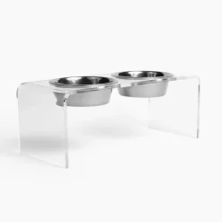 Medium Height Double Dog Bowl Feeder with Silver Stainless Steel Bowls & Acrylic Stand