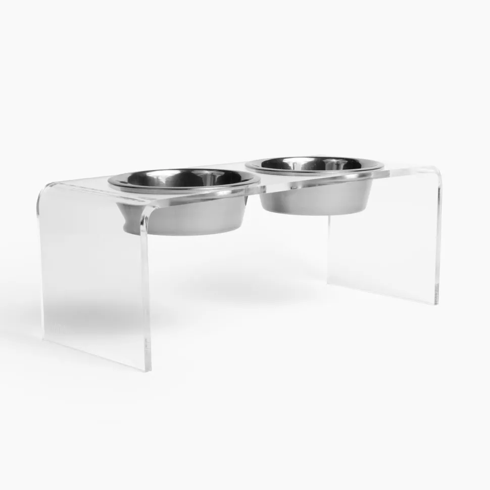 Medium Height Double Dog Bowl Feeder with Silver Stainless Steel Bowls & Acrylic Stand