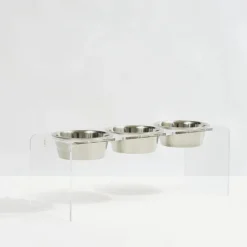 Three bowl elevated dog feeder with acrylic stand and lead-free stainless steel bowls