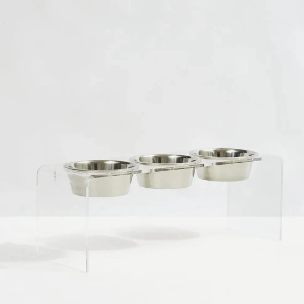 Three bowl elevated dog feeder with acrylic stand and lead-free stainless steel bowls