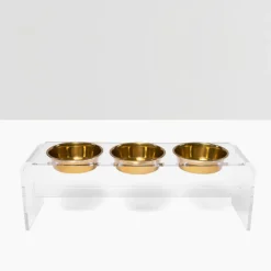 Three bowl elevated dog feeder with acrylic stand and lead-free stainless steel bowls Gold
