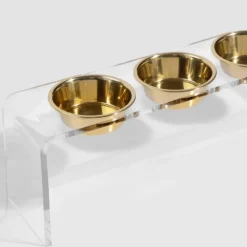 Three bowl elevated dog feeder with acrylic stand and lead-free stainless steel bowls Gold