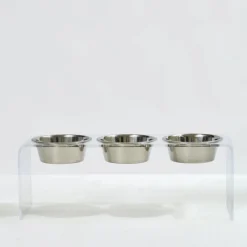 Three bowl elevated dog feeder with acrylic stand and lead-free stainless steel bowls