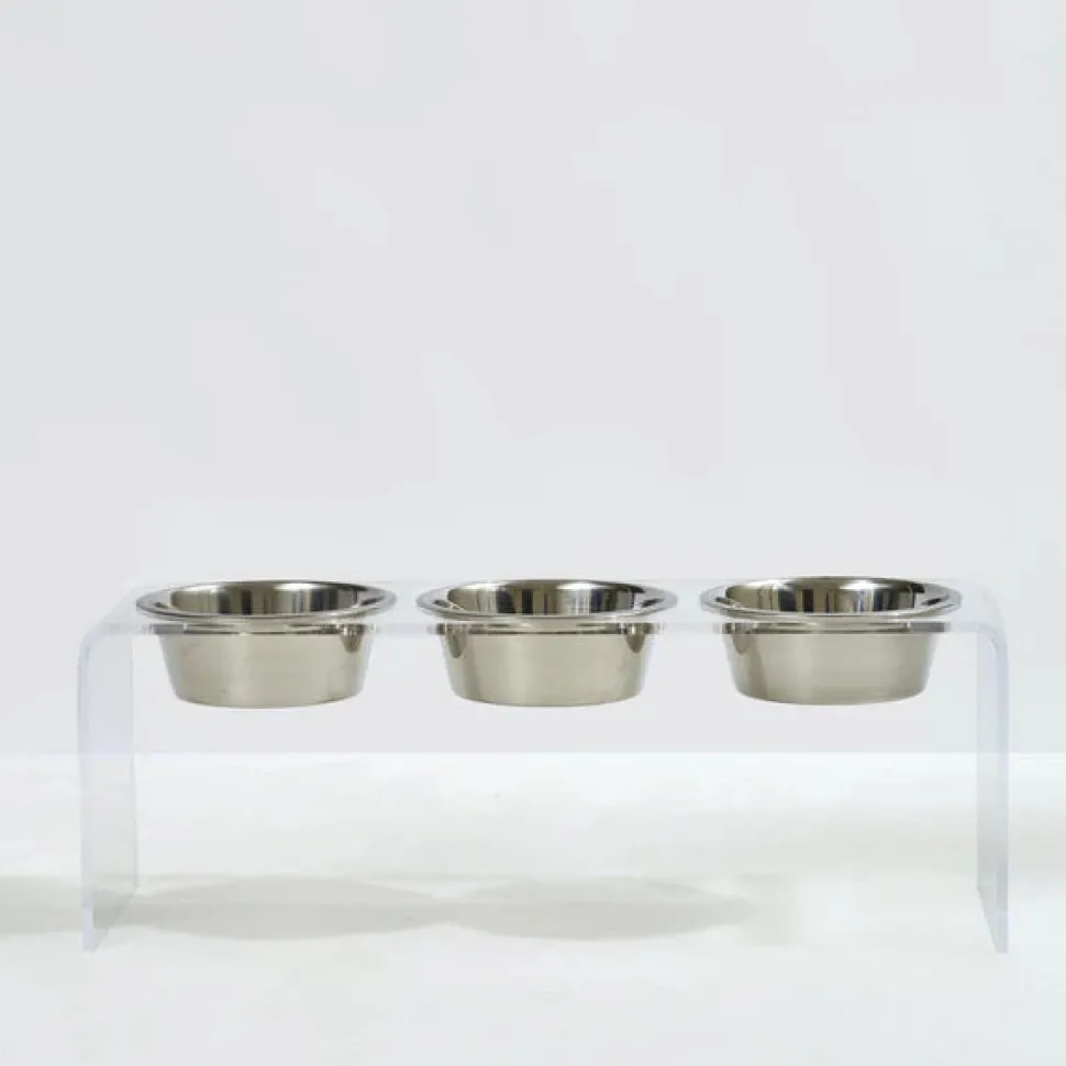 Three bowl elevated dog feeder with acrylic stand and lead-free stainless steel bowls