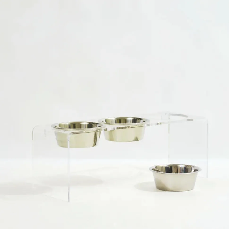 Three bowl elevated dog feeder with acrylic stand and lead-free stainless steel bowls